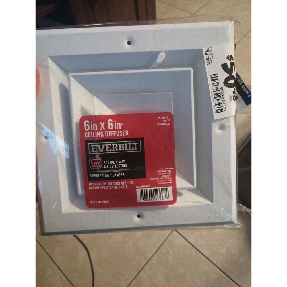 Everbilt 6 in x 6 in 4 Way Square Ceiling Diffuser White Paintable Metal NEW
